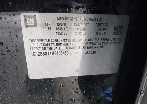 2017 Chevrolet Malibu Ls z USA, uszkodzony, nr VIN 1G1ZB5ST1HF155468